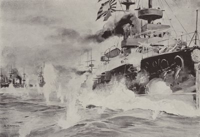 Mikasa, 10 Ağustos'ta Port Arthur açıklarında Rus Filosuna karşı cesurca savaşıyor (taş) by Japanese School