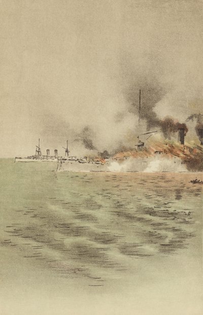 Varyag, Chemulpo'da (chromolitho) yakalanmasını önlemek için kendi ekibi tarafından ateşe verildi. by Japanese School