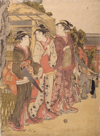 Pazar Yerinde Üç Güzel (renkli tahta baskı) by Japanese School