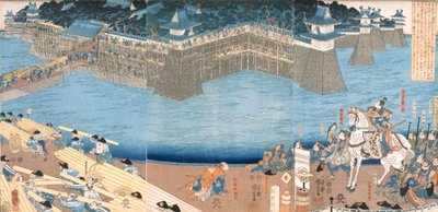 Kunigos Nehri tarafından inşa edilen bir kaleyi gösteren Üç Parçalı, Edo dönemi 1603-1868. by Japanese School