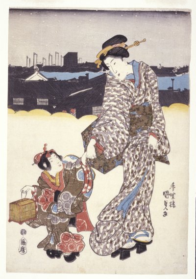 İsimsiz (A Woman And Child) (renkli gravürler) by Japanese School
