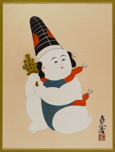 İsimsiz (Oturan Çocuk, Şapka Takan ve Oyuncak Tutan) (tahta blok renkli baskı) by Japanese School
