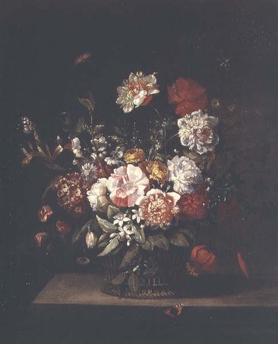 Güveler, yusufçuk ve bir çıkıntı üzerinde kırmızı amiral ile hasır sepet içinde karışık çiçekler by Jean Baptiste (follower of) Monnoyer