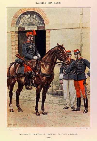 Types and uniforms of the French Armee of Captain Jules Richard, illustrated by Edouard Detaille (1848-1912): Officer and horsemen of the train of military crews in 1887, Private collection by Jean Baptiste Edouard Detaille