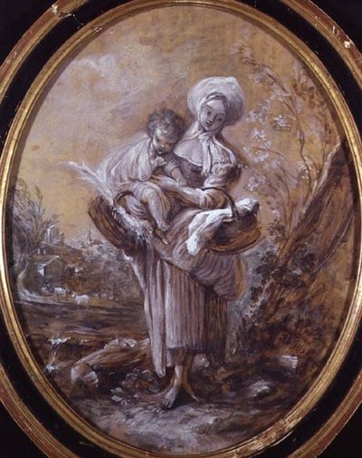 Ülke Manzarasında Çocuklu Kadın (çizim) by Jean Baptiste Huet