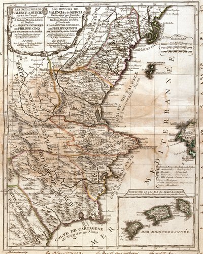 Valencia Krallığı ve Murcia (İspanya) Haritası (Gravür by Jean-Baptiste Nolin
