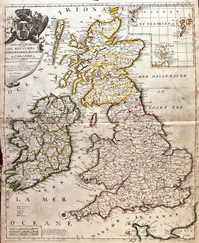 İngiltere, İskoçya ve İrlanda (Büyük Britanya) krallıklarının haritası (Gravür by Jean-Baptiste Nolin