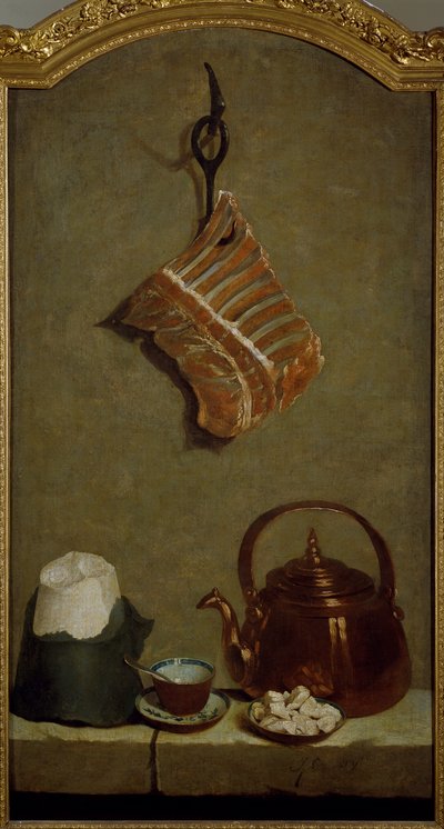 Çeyrek et, şeker ekmek, bakır su ısıtıcısı ve fincan ile natürmort, Jean-Baptiste Oudry (1686-1755) by Jean Baptiste Oudry