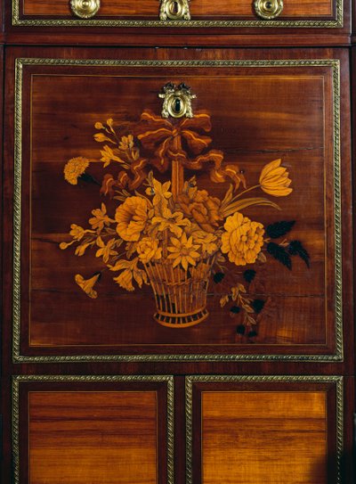 Çiçek sepeti, Louis XVI stili saten ağacı ve amaranth yazı masası üzerindeki kakmadan detay, Jean-Henri Riesener (1734-1806), Fransa tarafından imzalandı by Jean Henri Riesener