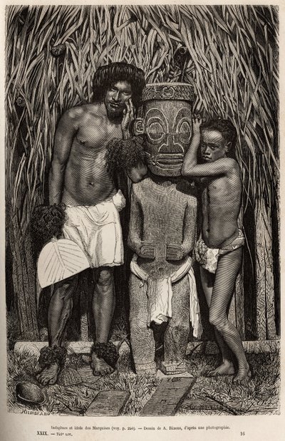 Hiva-Oa (Hiva Oa) adasının bir sakini ve oğlu, Marquesas Adaları takımadalarında tanrı Tiki