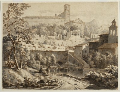 Bir İtalyan kasabasının altında, Nehir Kıyısı Boyunca Çizim Yapan Bir Sanatçı, 1780 dolayları (kağıt üzerine mürekkep ve yıkama, siyah tebeşir izleri) by Jean Antoine Constantin