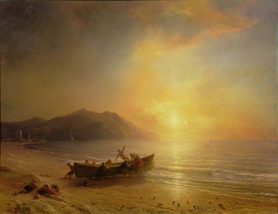 Arap Balıkçıların Gün Batımında Bir Tekne Başlattığı Bir Kıyı Manzarası by Jean Antoine Theodore Gudin