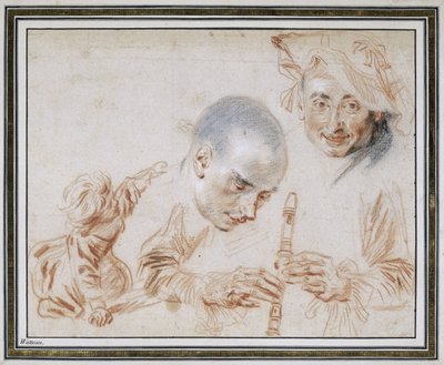 Çömelmiş Çocuk, İki Erkek Kafası, Biri Bereli, Bir Kaydedici-Oyuncunun Kolları ve Elleri by Jean Antoine Watteau