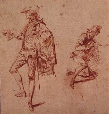Ayakta duran ve başka bir diz çökmüş genç bir adamın çizimi (kalem boya kağıdı) by Jean Antoine Watteau