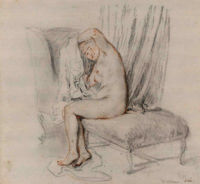 Çıplak kadın iç çamaşırını çıkarıyor, ca 1717. by Jean Antoine Watteau