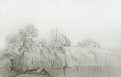 Sarp Uçurumun Kenarındaki Ev (kağıt üzerinde kırmızı tebeşir) by Jean Antoine Watteau