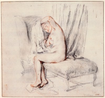Bir şezlong üzerinde oturan, gömleğini giyen çıplak kadın, 18. yüzyıl. by Jean Antoine Watteau