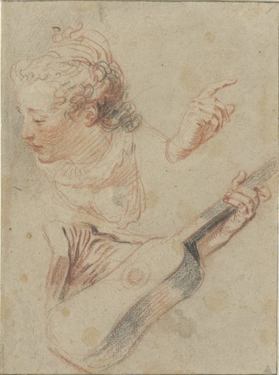 Karamsar bir kızın kafası, bir gitar ve onları çalan ellerin olduğu çalışma sayfası by Jean Antoine Watteau