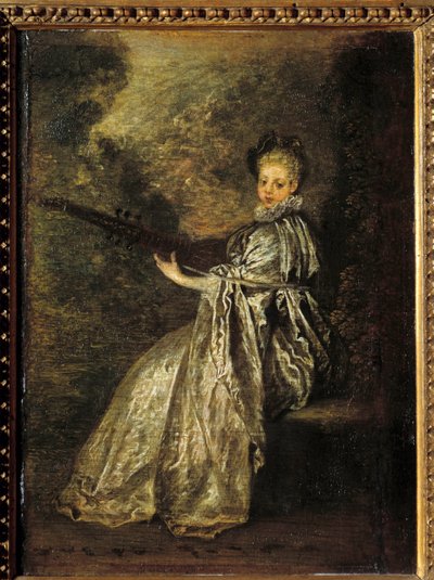 Yaylı bir müzik aleti çalan ince kız. Jean Antoine Watteau (1684-1721) 18. yüzyıl Güneşi tarafından yapılan resim. 0,25x0,19 m by Jean Antoine Watteau