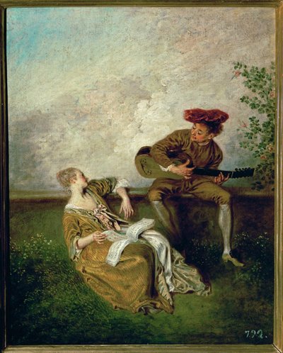 Şarkı söyleme dersi (tuval üzerine resim) by Jean Antoine Watteau