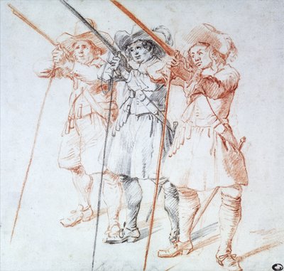Three Arquebusiers, 1712 (kağıt üzerinde siyah ve kırmızı tebeşir) by Jean Antoine Watteau