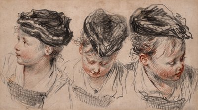 Şapka takan bir kızın üç baş çalışması (siyah ve kırmızı tebeşir, grafit, harfli filigran) by Jean Antoine Watteau