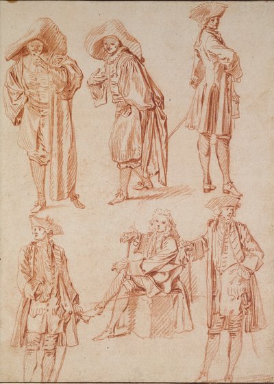 İtalyan Komedisinde Doktor Üzerine İki Çalışma ve Dört Subay, 18. Yüzyıl by Jean Antoine Watteau