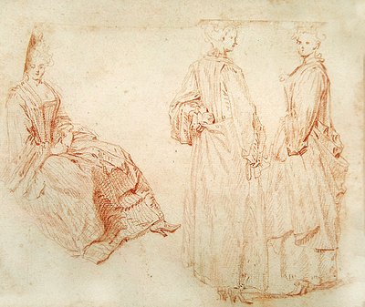 Üç Kadın, Biri Solda Oturuyor (kağıt üzerinde kırmızı tebeşir) by Jean Antoine Watteau