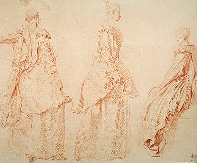 Üç Kadın, Biri Sağda Oturuyor (kağıt üzerinde kırmızı tebeşir) by Jean Antoine Watteau
