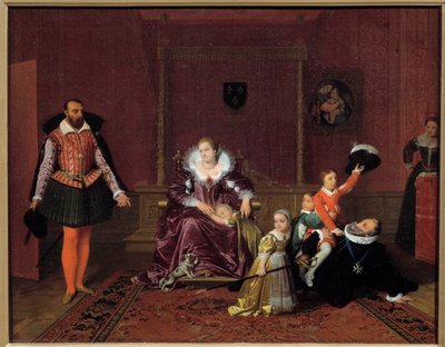 Fransa Kralı IV. Henry (1553-1610) İspanyol büyükelçisinin önünde çocuklarıyla oynuyor Ortada Medicis Kraliçesi Mary, çocuklar Louis XIII, Fransa Elizabeth, Fransa Christine ve Nicolas. Jean Auguste Dominique Ing tarafından boyama by Jean Auguste Dominique Ingres