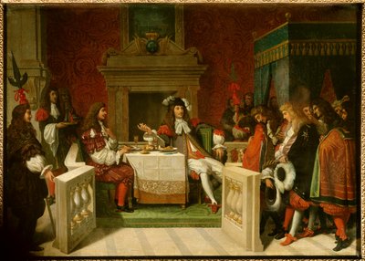 Louis XIV ve Moliere: Kral Louis XIV (1638-1715) ve Jean Baptiste Poquelin dit Moliere (1622-1673), sarayın önündeki masada. Jean Auguste Dominique Ingres'in (1780-1867) tablosu by Jean Auguste Dominique Ingres