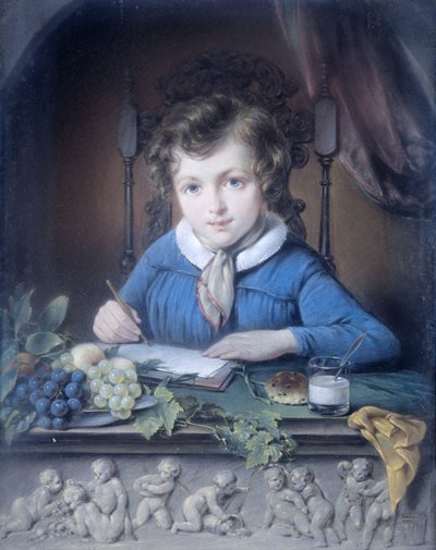 Bir pencere nişinde oturan ve mavi bir ceket giyen bir çocuğun portresi by Jean Augustin Daiwaille (attributed to)