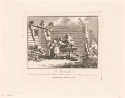 Le Remouleur yapım aşamasındaki bir ahşap evin önündeki makas fabrikasındaki rakamlar (nesne üzerindeki başlık) by Jean Baptist Leprince