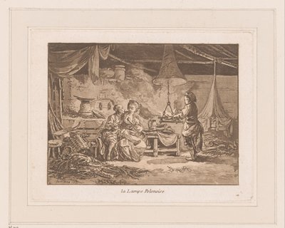 Bir bankta iki figür ve ateşin yanında bir adam olan bir ahırın içi La Lampe Polonoise (nesne üzerindeki başlık) by Jean Baptist Leprince