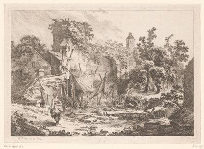 Bir balıkçının evinin önünde ağları gerilmiş bir kadın. by Jean Baptist Leprince