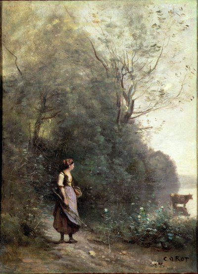 Orman Kenarında İnek Otlayan Köylü Kadın, 1865-70 dolayları by Jean Baptiste Camille Corot