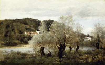 Avary Köyünde Göletin Kenarında Balıkçı; Pecheur au Bord de L"Etang a Ville d"Avray, c.1850-55 by Jean Baptiste Camille Corot