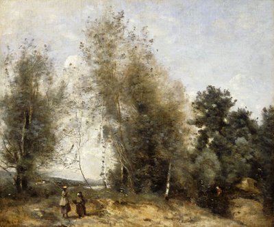 Üç Köylü ile Göl Kenarında Ağaç Grubu; D Grubu "Bir Göl Kenarında Ağaçlar, Üç Köylü, c.1865-1870 by Jean Baptiste Camille Corot