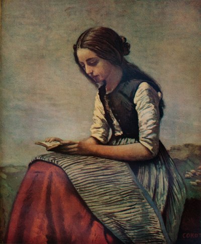 La petite Liseuse veya Genç çoban kız oturmuş ve okuyor, c1855 by Jean Baptiste Camille Corot