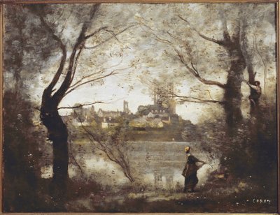 Mantes, katedral ve ağaçların arasından görülen şehir, akşam (tuval üzerine yağlı boya by Jean Baptiste Camille Corot