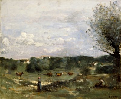İnekli Çayır, Sağda Söğüt ve Uzak Köy, by Jean Baptiste Camille Corot