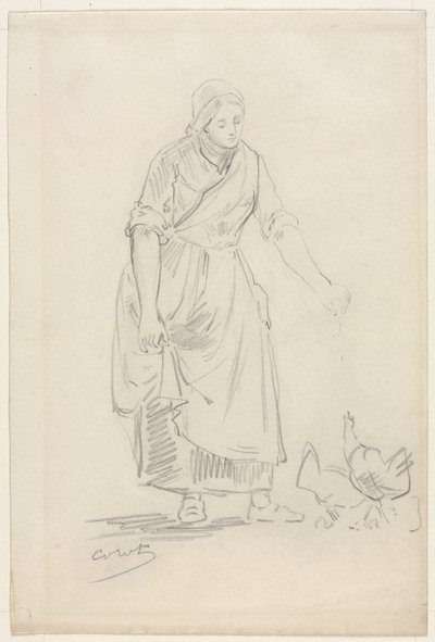Tavuk Besleyen Köylü Kız by Jean Baptiste Camille Corot