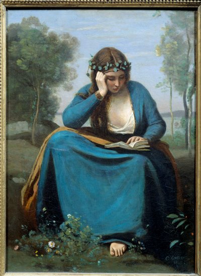 Çiçeklerle Taçlandırılan Okuyucu veya İlham Perisi Virgile tarafından Tablo Camille Corot (1796-1875) 1845 Dim. 0,45x0,34 m by Jean Baptiste Camille Corot