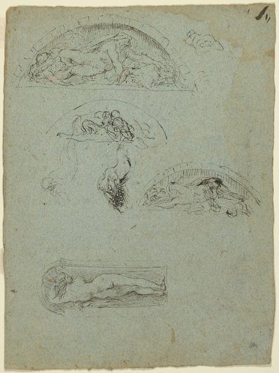 Bir Nişte Ayakta Figür ve Ugolino Grubu için Çalışmalar (rekto); Kalabalıkta Kırmızı Cüppeli Başrahip (verso) by Jean Baptiste Carpeaux
