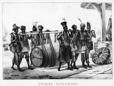 "Siyah Cangueiros" - Siyah Hamallar bir Fıçı taşırlar, oyulmuş Thierry Freres (fl.1827-45), 1835 by Jean Baptiste Debret