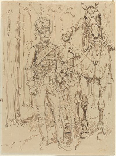 Bir Atın Önünde Bir Fransız Hussar by Jean Baptiste Edouard Detaille