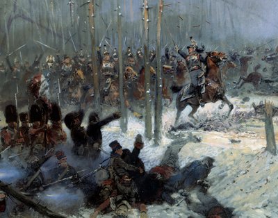1812'deki Rus kampanyası: “” 28.11.1812'de Rusya'da la Berezina'da (Beresina) Albay Dubois'in 7. zırhlısının suçlaması”” Detay. Jean-Baptiste-Edouard (Jean Baptiste Edouard) Detaille (1848-1912) tarafından tablo 19. yüzyıl. Paris, Musee by Jean Baptiste Edouard Detaille