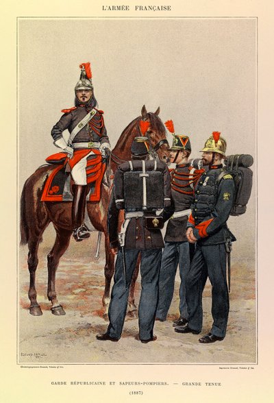 Types and uniforms of the French Armee of Captain Jules Richard, illustrated by Edouard Detaille (1848-1912): Republican Guard and Fire Fighters in Great Outfit in 1887, Private Collection by Jean Baptiste Edouard Detaille