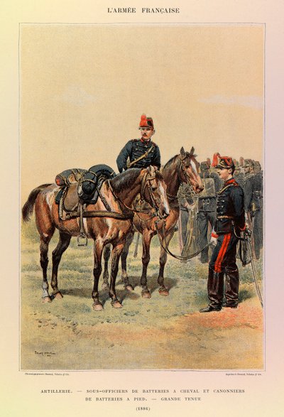 Types and uniforms of the French Armee of Captain Jules Richard, illustrated by Edouard Detaille (1848-1912): Artillery: Under-officers of batteries on horses and gunners of battery on foot in large attire in 1886, Private collection by Jean Baptiste Edouard Detaille