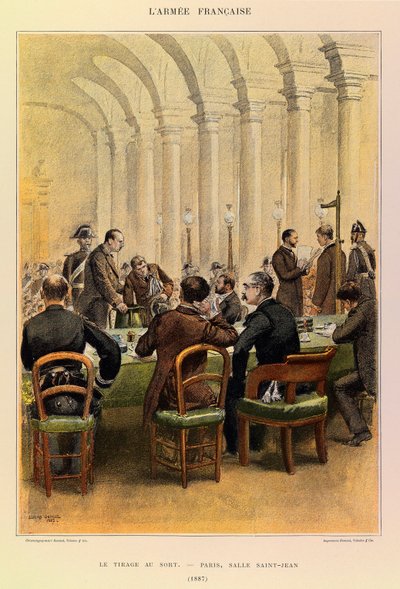 Types and uniforms of the French Armee of Captain Jules Richard, illustrated by Edouard Detaille (1848-1912): The draw in Paris, Salle Saint Jean in 1887, Private Collection by Jean Baptiste Edouard Detaille
